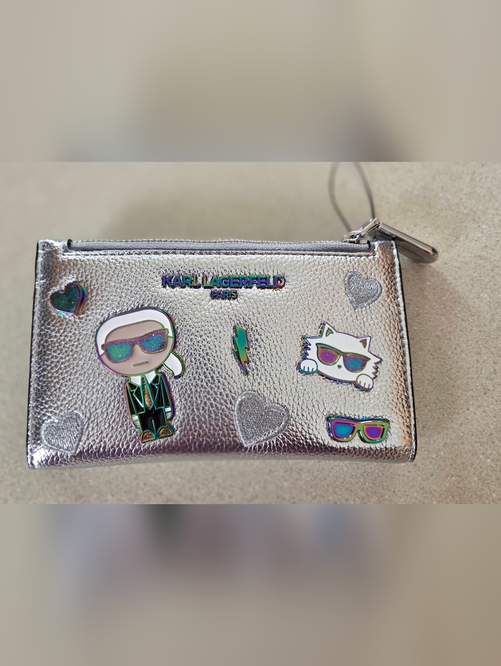 Karl Lagerfeld Silver Holographic Character Zip Wallet